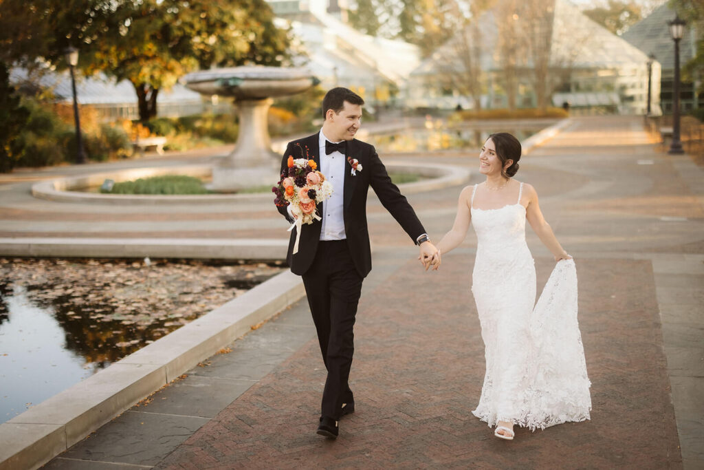 Bride and groom at the Brooklyn Botanic Garden in New York City. Photo by OkCrowe Photography.