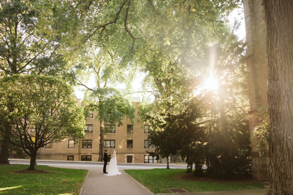 Newlywed portraits in the Fordham University Rose Hill campus. Photo by OkCrowe Photography.
