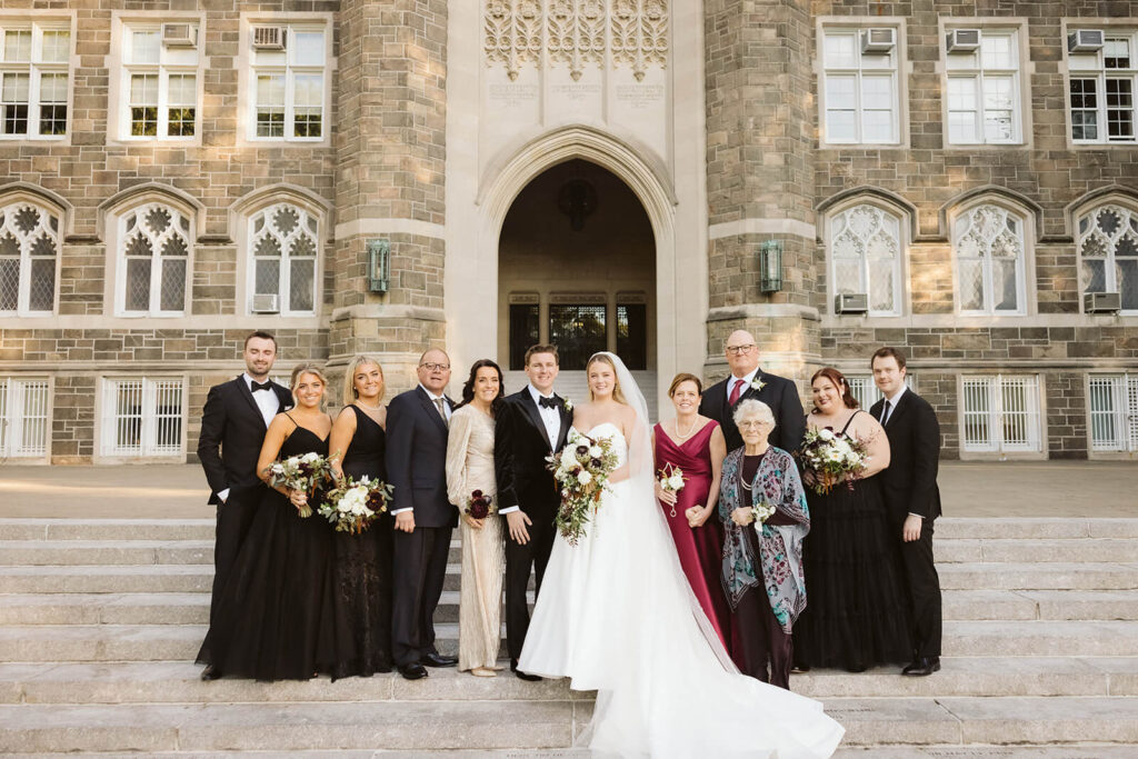 Wedding party portraits in the Fordham University Rose Hill campus. Photo by OkCrowe Photography.