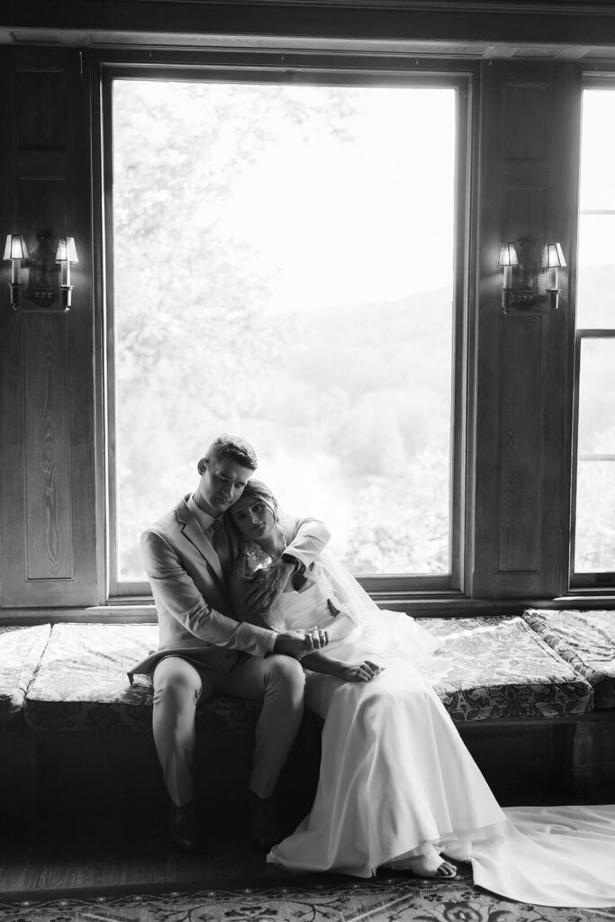 Bride and groom portraits in the mansion at Arrow Park. Photo by OkCrowe Photography.  