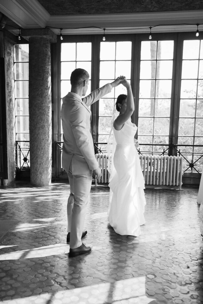 Bride and groom portraits in the mansion at Arrow Park. Photo by OkCrowe Photography.  