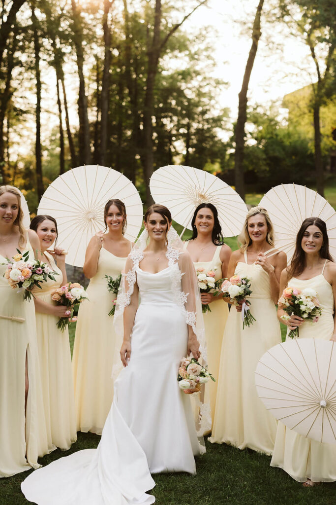 Vanity Fair-style wedding party photoshoot in Arrow Park's European-style garden. Photo by OkCrowe Photography.  