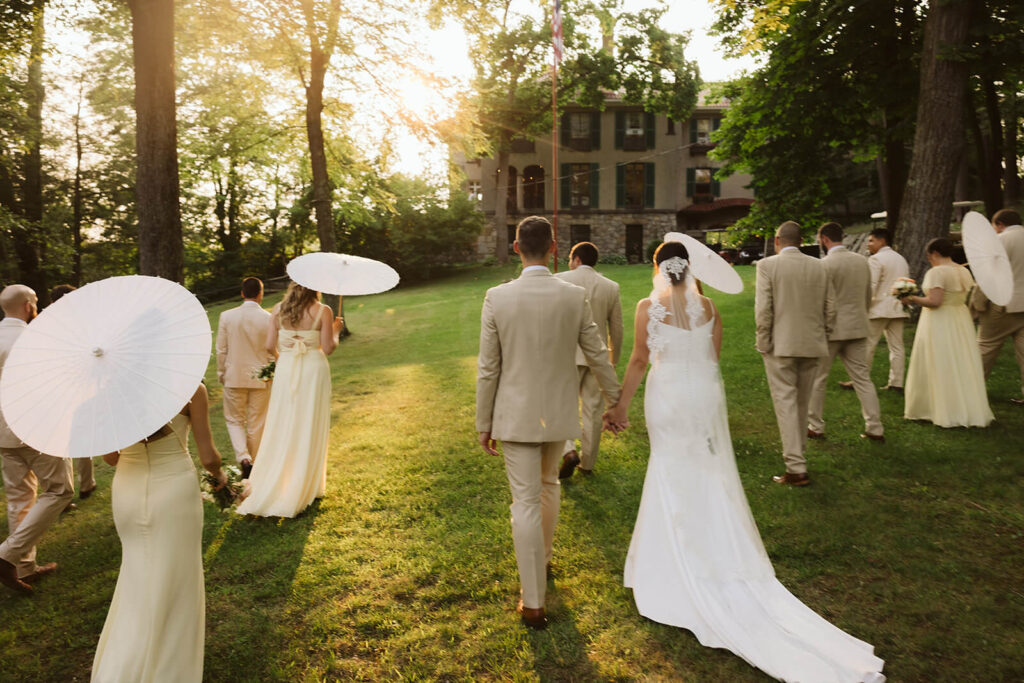 Vanity Fair-style wedding party photoshoot in Arrow Park's European-style garden. Photo by OkCrowe Photography.  