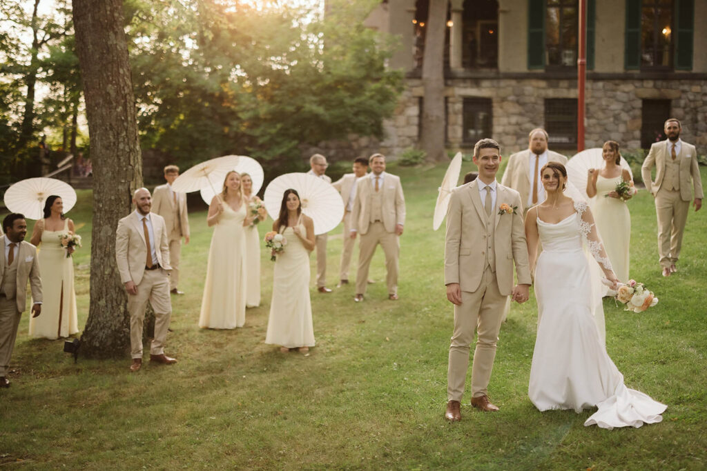 Vanity Fair-style wedding party photoshoot in Arrow Park's European-style garden. Photo by OkCrowe Photography.  