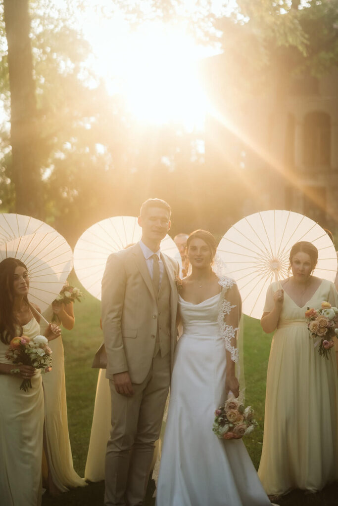 Vanity Fair-style wedding party photoshoot in Arrow Park's European-style garden. Photo by OkCrowe Photography.  