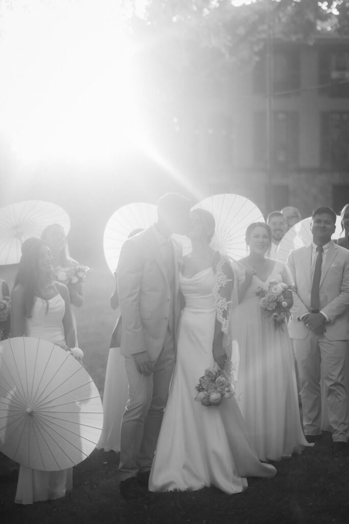 Vanity Fair-style wedding party photoshoot in Arrow Park's European-style garden. Photo by OkCrowe Photography.  