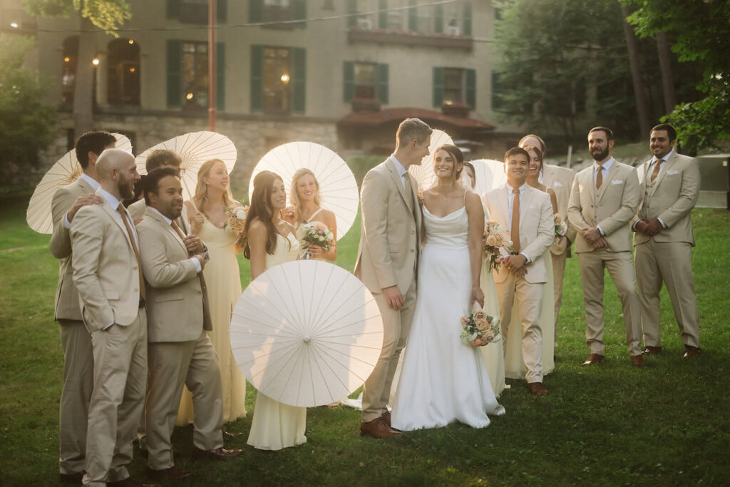 Vanity Fair-style wedding party photoshoot in Arrow Park's European-style garden. Photo by OkCrowe Photography.  