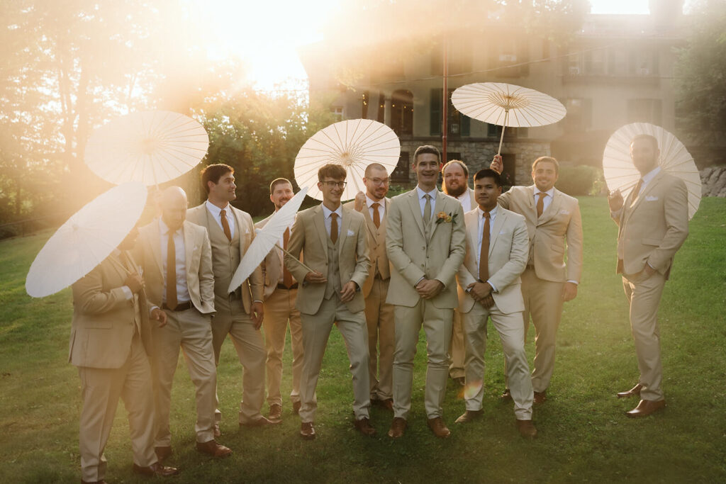 Vanity Fair-style wedding party photoshoot in Arrow Park's European-style garden. Photo by OkCrowe Photography.  