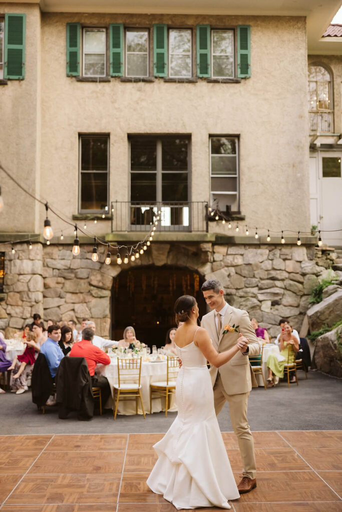 Wedding reception in the courtyard at Arrow Park. Photo by OkCrowe Photography.  