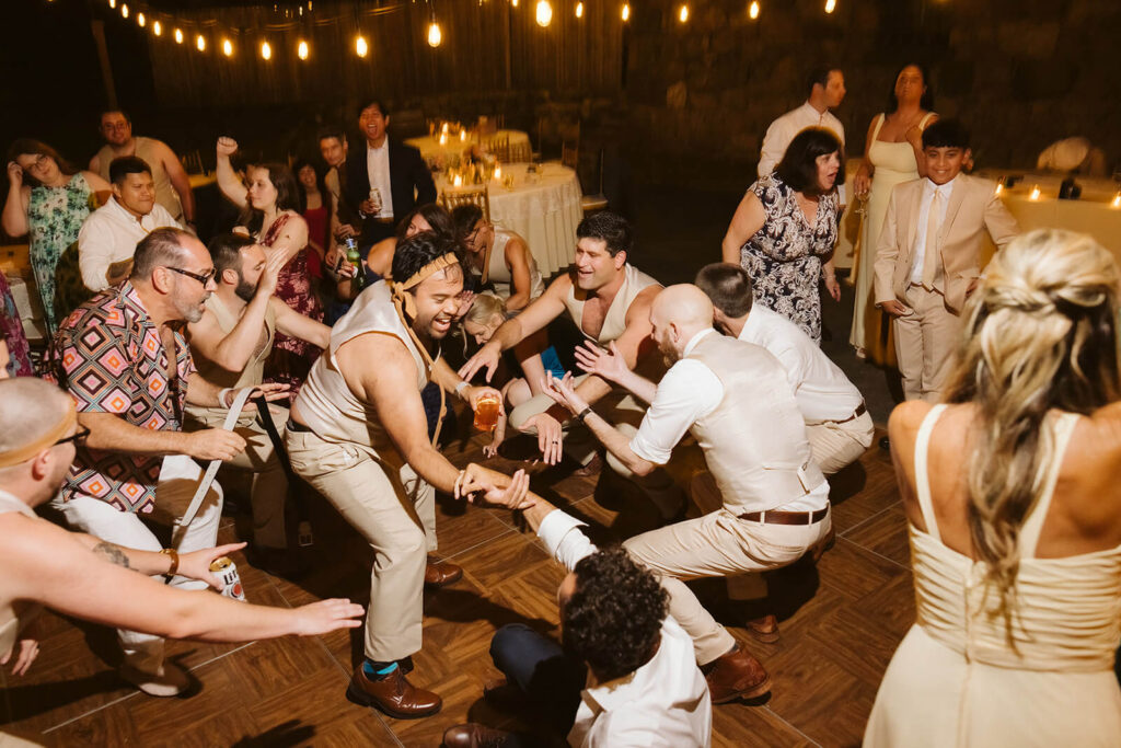 Wedding reception in the courtyard at Arrow Park. Photo by OkCrowe Photography.  