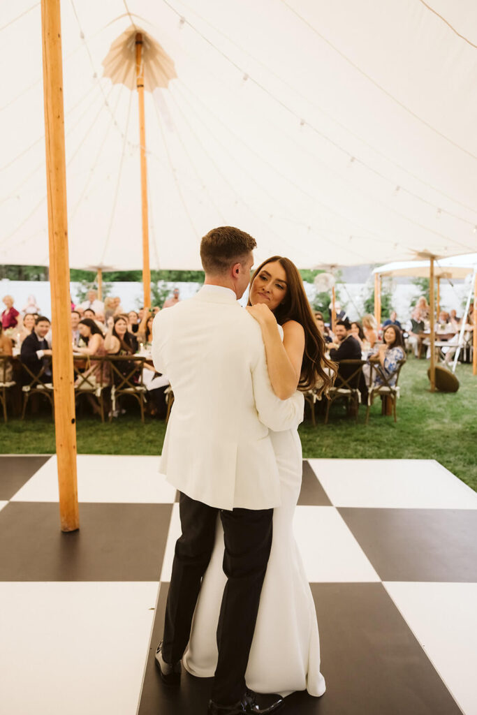 Wedding reception in the bride's parents' backyard in Mahwah, NJ. Photo by OkCrowe Photography. 