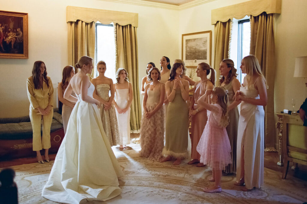 Bride and bridesmaids first look in the TPC Jasna Polana Prince Albert Suite. Photo by OkCrowe Photography.