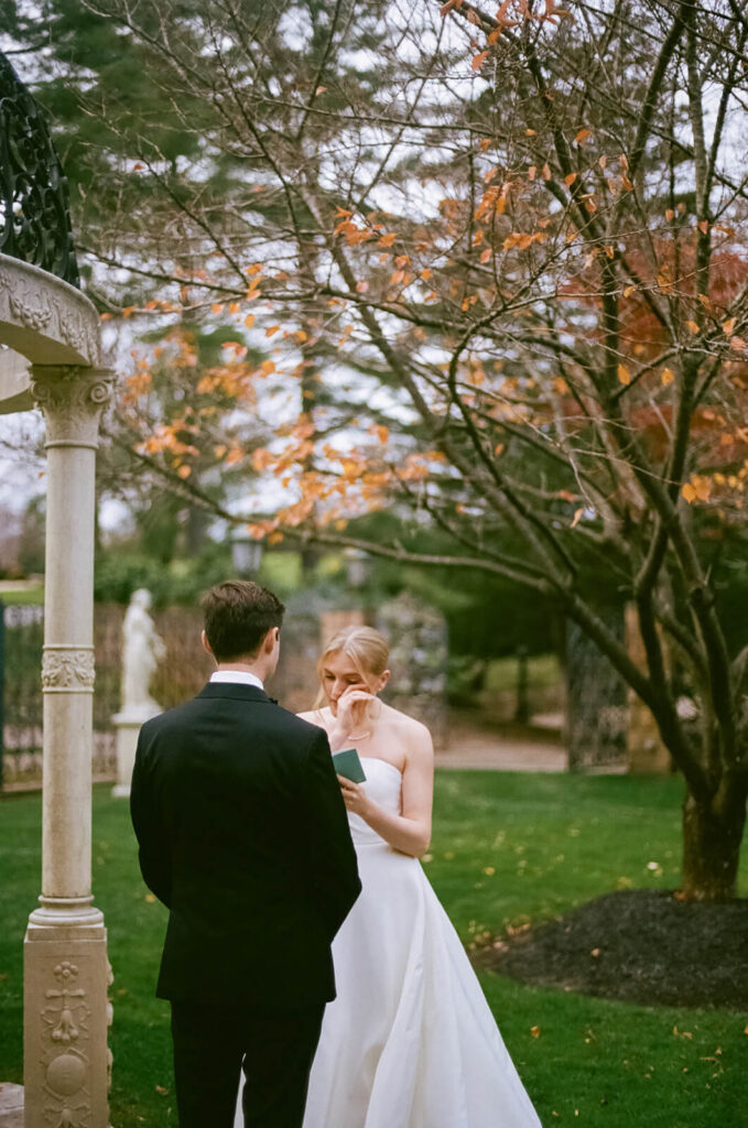 Bride and groom first look in the TPC Jasna Polana Prince Albert Suite. Photo by OkCrowe Photography.