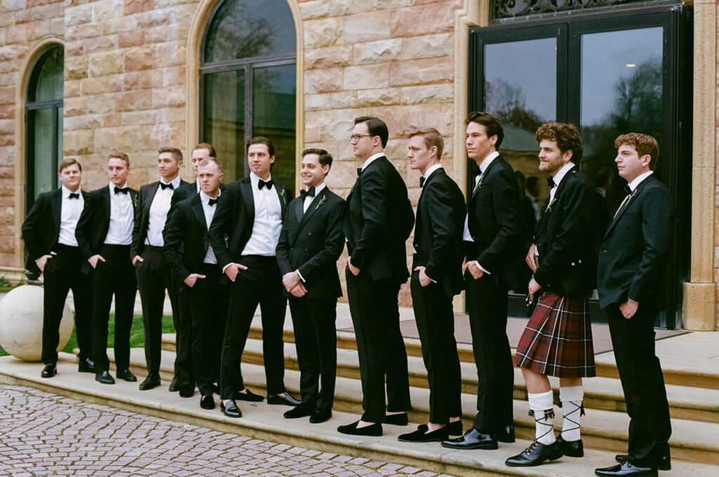 Groom and groomsmen portraits outside the TPC Jasna Polana Prince Albert Suite. Photo by OkCrowe Photography.