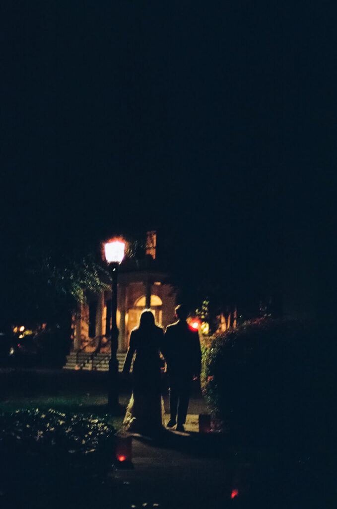 Bride and groom heading into their pre-wedding welcome party at the Palmer House. Photo by OkCrowe Photography.