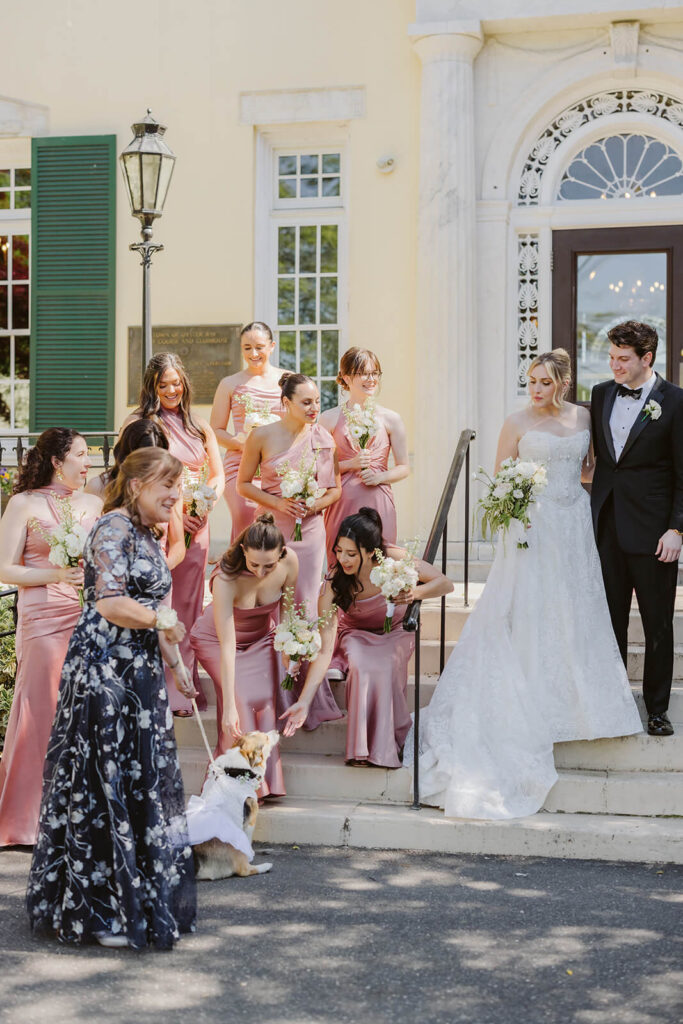 Wedding party portraits at the entrance to the Mansion at Oyster Bay. Photo by OkCrowe Photography.