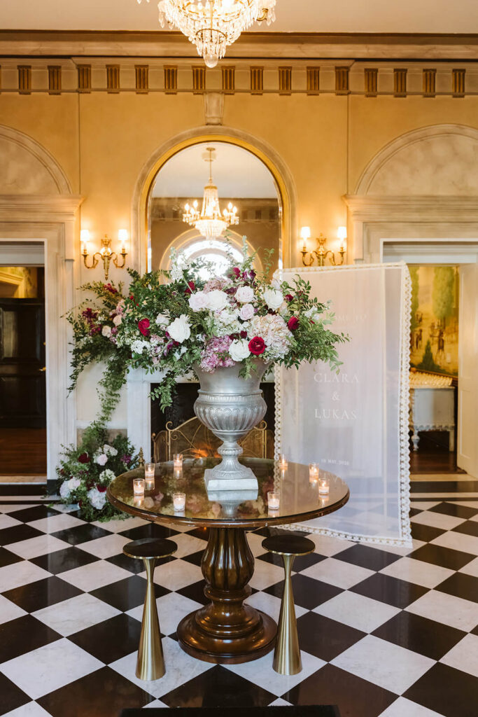 Reception details at the Mansion at Oyster Bay. Photo by OkCrowe Photography.