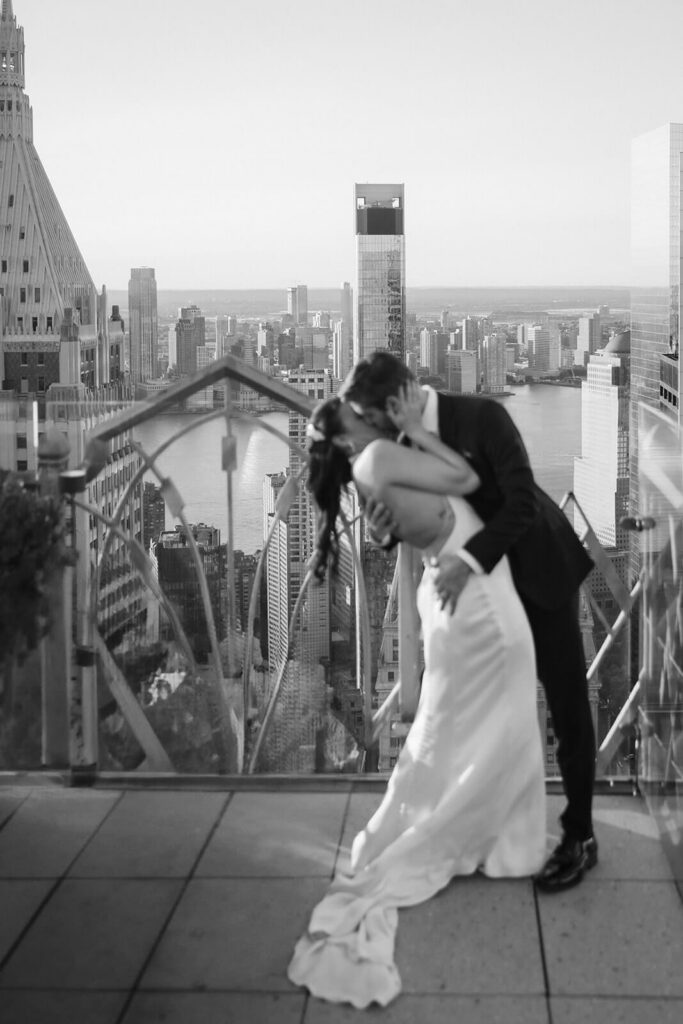 Golden hour rooftop newlywed portraits at Saga restaurant's Solarium. Photo by OkCrowe Photography.