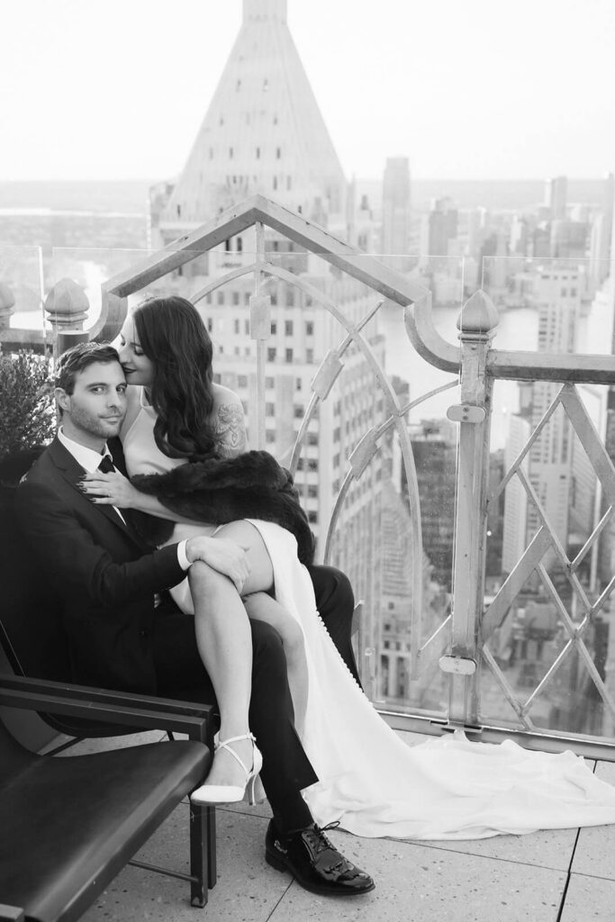 Golden hour rooftop newlywed portraits at Saga restaurant's Solarium. Photo by OkCrowe Photography.