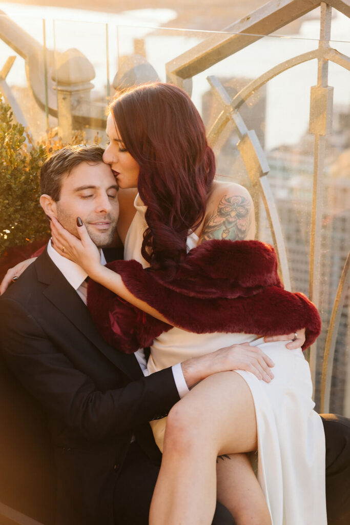 Golden hour rooftop newlywed portraits at Saga restaurant's Solarium. Photo by OkCrowe Photography.