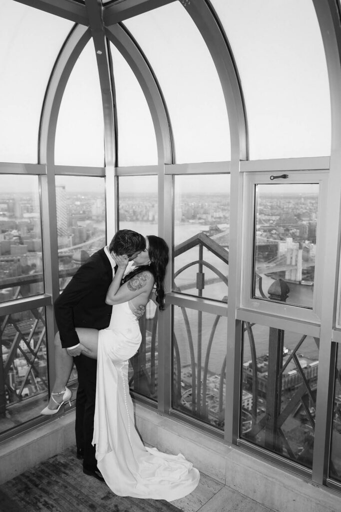Golden hour newlywed portraits in Saga restaurant's Solarium. Photo by OkCrowe Photography.